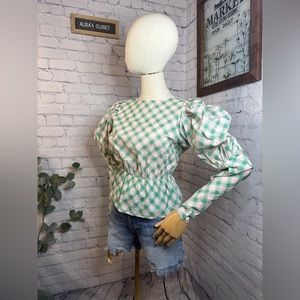 ASOS Daisy Street Pink green Plaid Cottagecore puff sleeve Blouse